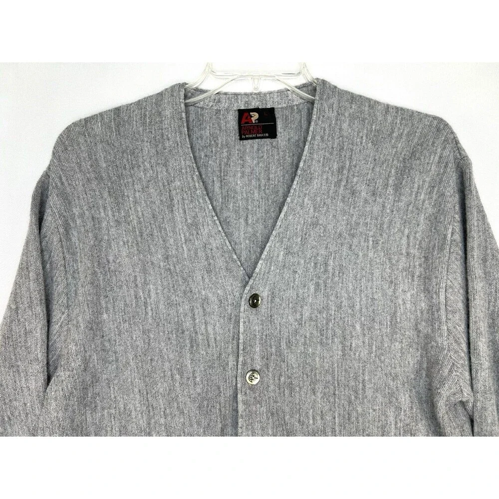 Vtg Arnold Palmer Gray Acrylic Union Made Cardigan Sweater Grandpa Large